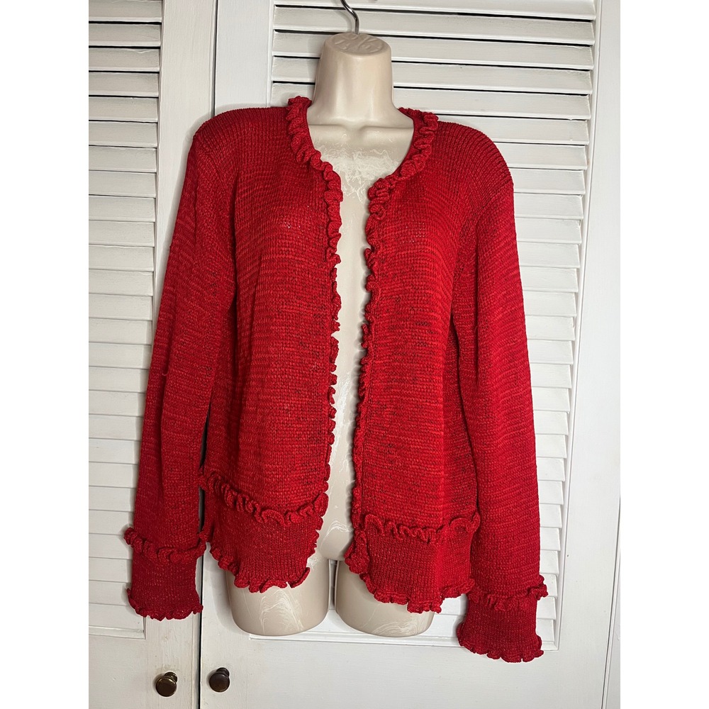 Vtg 1998 Susan Bristol Red Ruffle Trim  Cardigan Hand Embroidered Knit Large